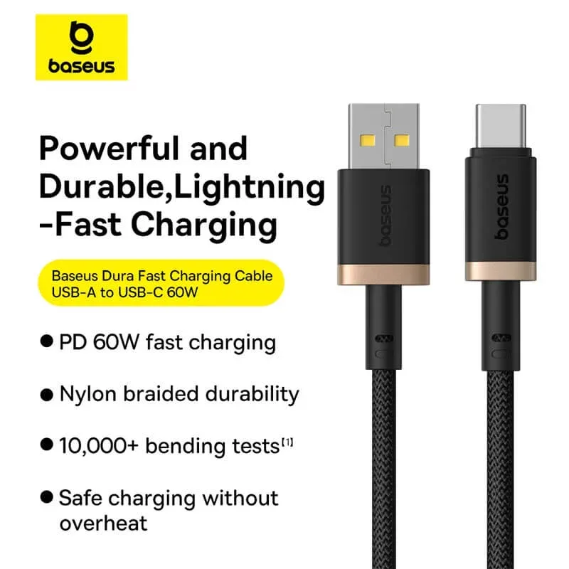 BASEUS DURA CHARGING CABLE USB A TO USB C 60W 1M BLACK P10377802U01 thumbnail 3