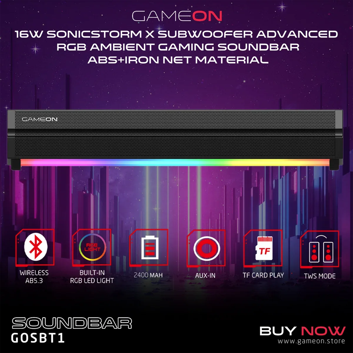 GAMEON SONICSTORM X WIRELESS RGB GAMING SOUNDBAR BLACK GOSBT1 thumbnail 7
