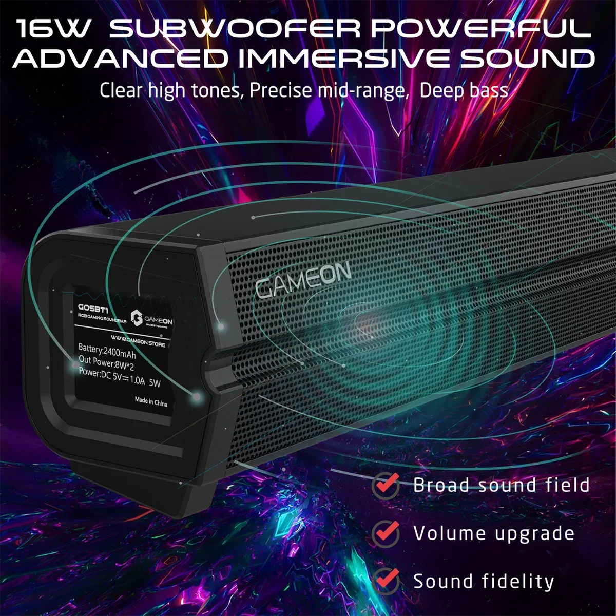 GAMEON SONICSTORM X WIRELESS RGB GAMING SOUNDBAR BLACK GOSBT1 thumbnail 6