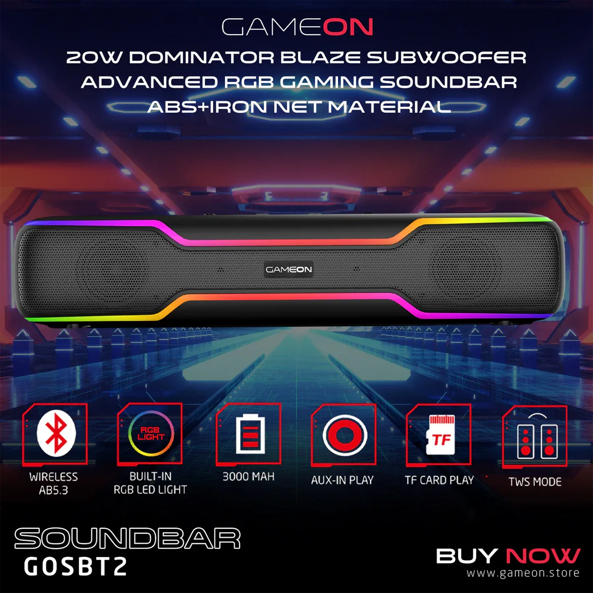 GAMEON DOMINATOR BLAZE WIRELESS RGB GAMING SOUNDBAR BLACK GOSBT2 thumbnail 7