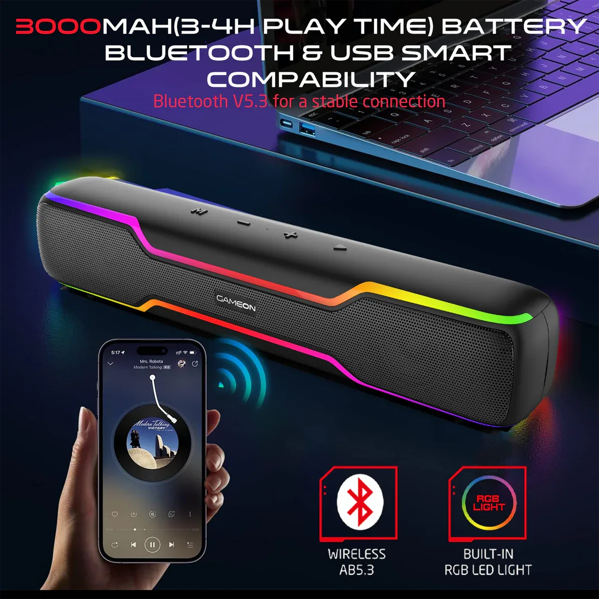 GAMEON DOMINATOR BLAZE WIRELESS RGB GAMING SOUNDBAR BLACK GOSBT2 thumbnail 5