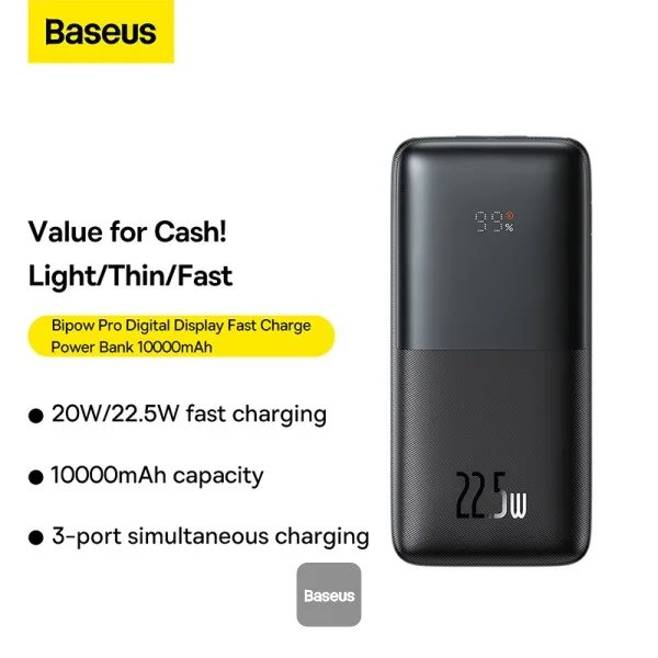 BASEUS BIPOW PRO DIGITAL DISPLAY FAST CHARGE POWER BANK 10000MAH 22.5W BLACK PPBD040001 thumbnail 3