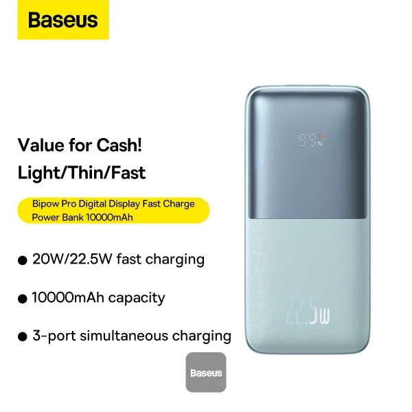 BASEUS BIPOW PRO DIGITAL DISPLAY FAST CHARGE POWER BANK 10000MAH 22.5W BLUE PPBD040003 thumbnail 3