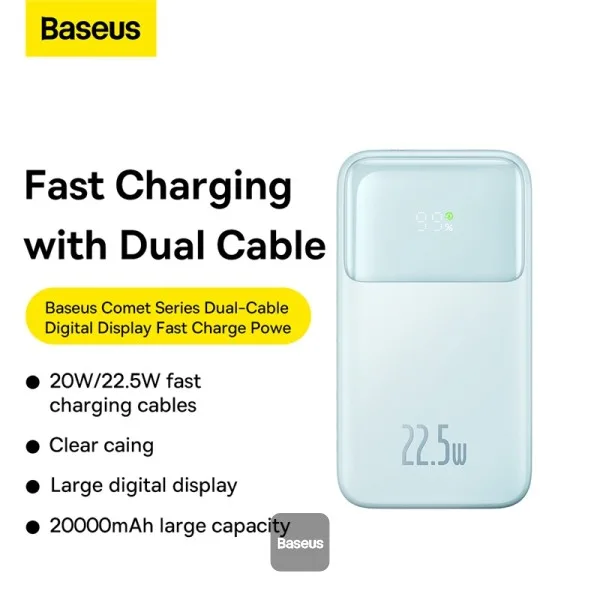 BASEUS COMET SERIES DUAL CABLE DIGITAL DISPLAY FAST CHARGE POWER BANK 20000MAH 22.5W BLUE PPMD020103 thumbnail 8
