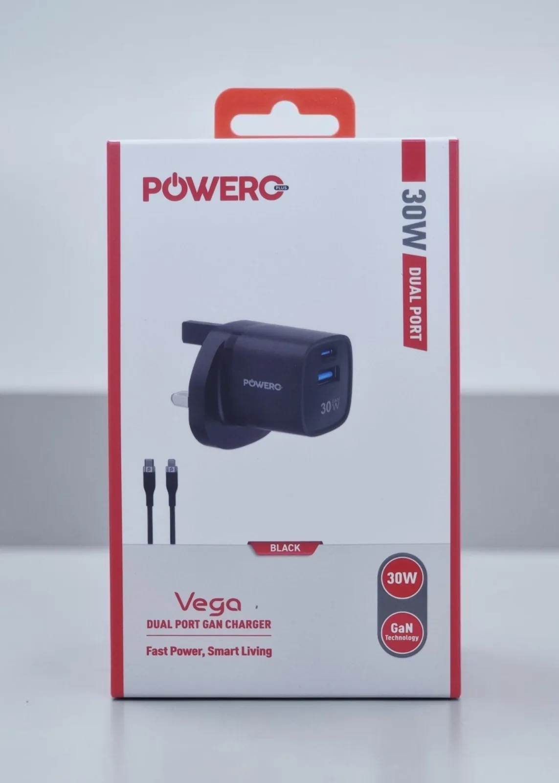 POWERO PLUS VEGA DUAL PORT GAN CHARGER 30W WITH TYPE C TO LIGHTNING CABLE BLACK PR-GN30UKL-BK