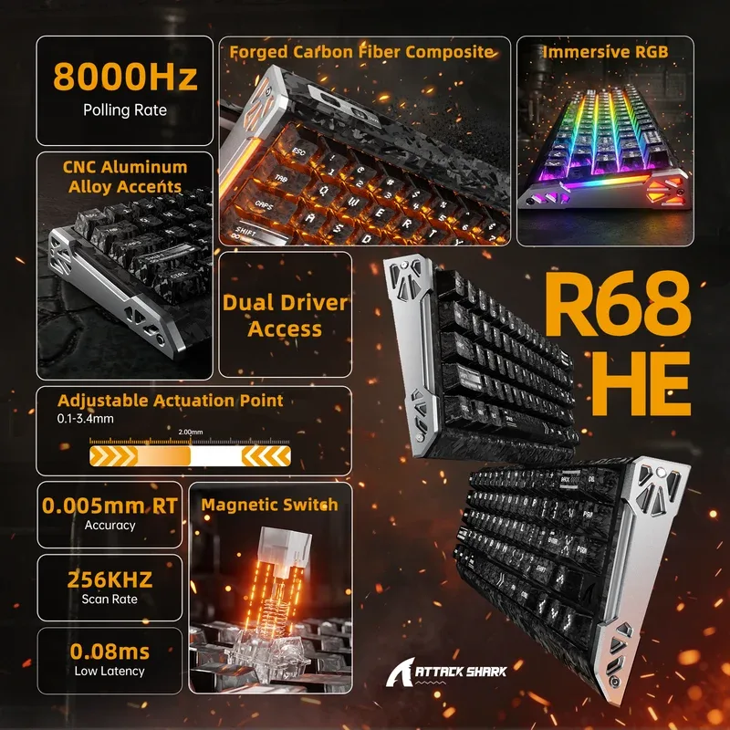 ATTACK SHARK R68 HE RAPID TRIGGER CRYSTAL MAGNETIC SWITCH KEYBOARD INK SHADE thumbnail 2