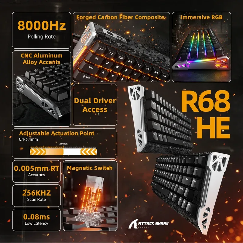 ATTACK SHARK R68 HE RAPID TRIGGER WIRED MAGNETIC SWITCH KEYBOARD BLACK thumbnail 10