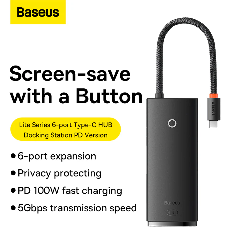 BASEUS LITE SERIES 6 PORT TYPE C HUB DOCKING STATION BLACK BS-0H019 thumbnail 6