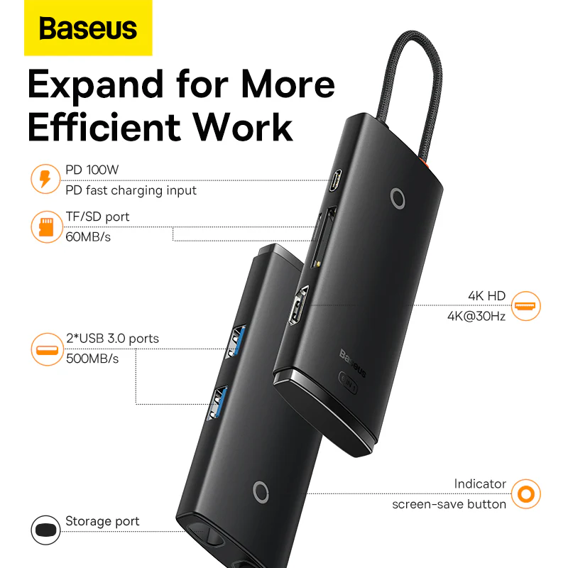 BASEUS LITE SERIES 6 PORT TYPE C HUB DOCKING STATION BLACK BS-0H019 thumbnail 7