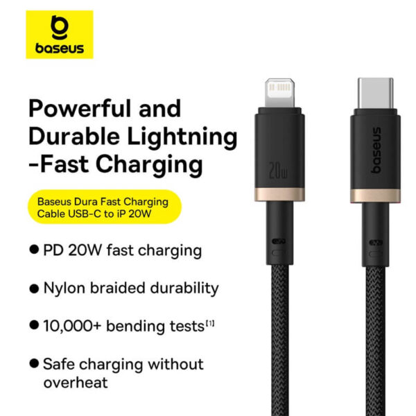 BASEUS DURA TYPE C TO LIGHTNING IP 20W CABLE 1M BLACK thumbnail 3