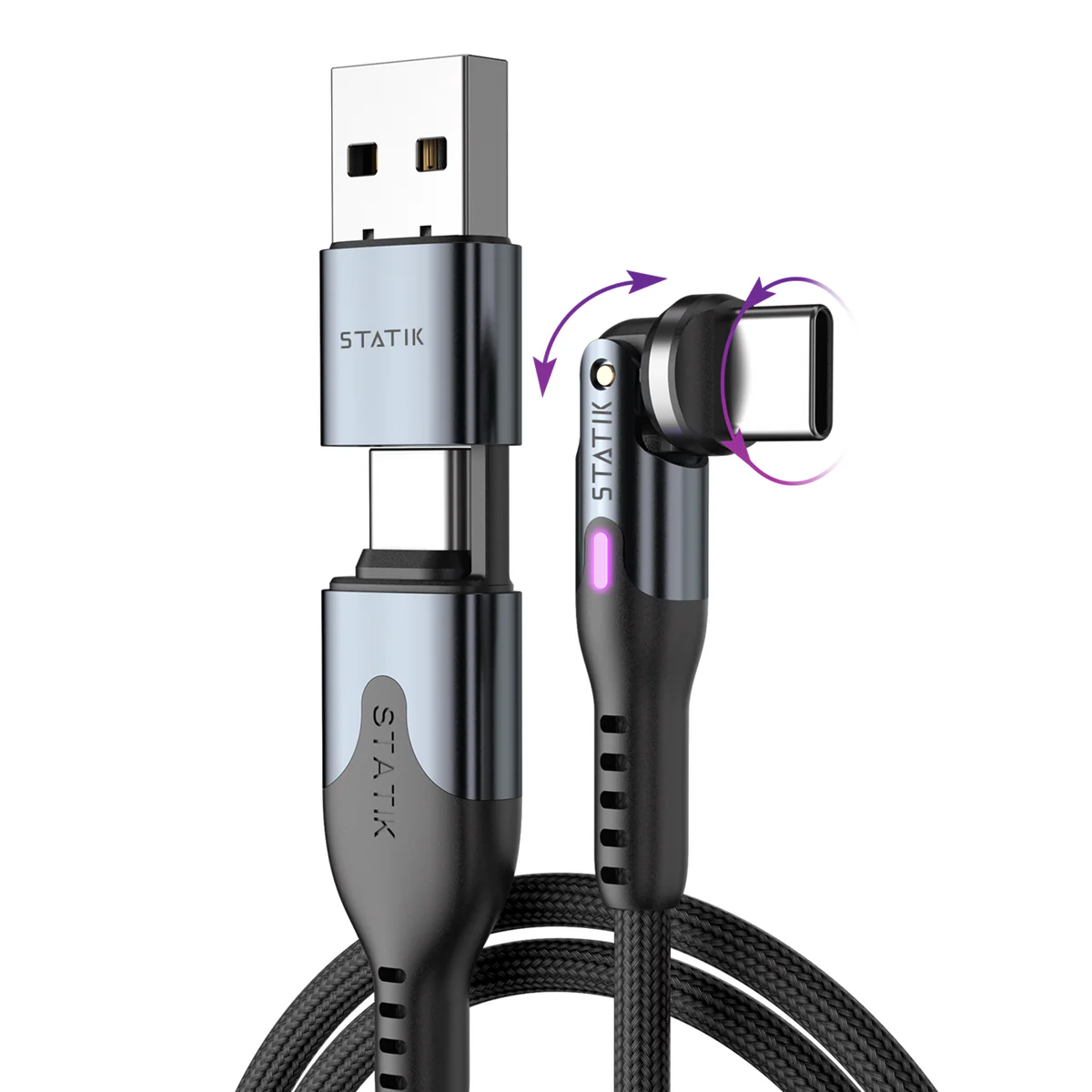 STATIK POWERPIVOT PRO USB C TO USB C WITH USB A ADAPTER BRAIDED NYLON CABLE 6.6FT 2M BLACK PUP-0455-6FT-CC