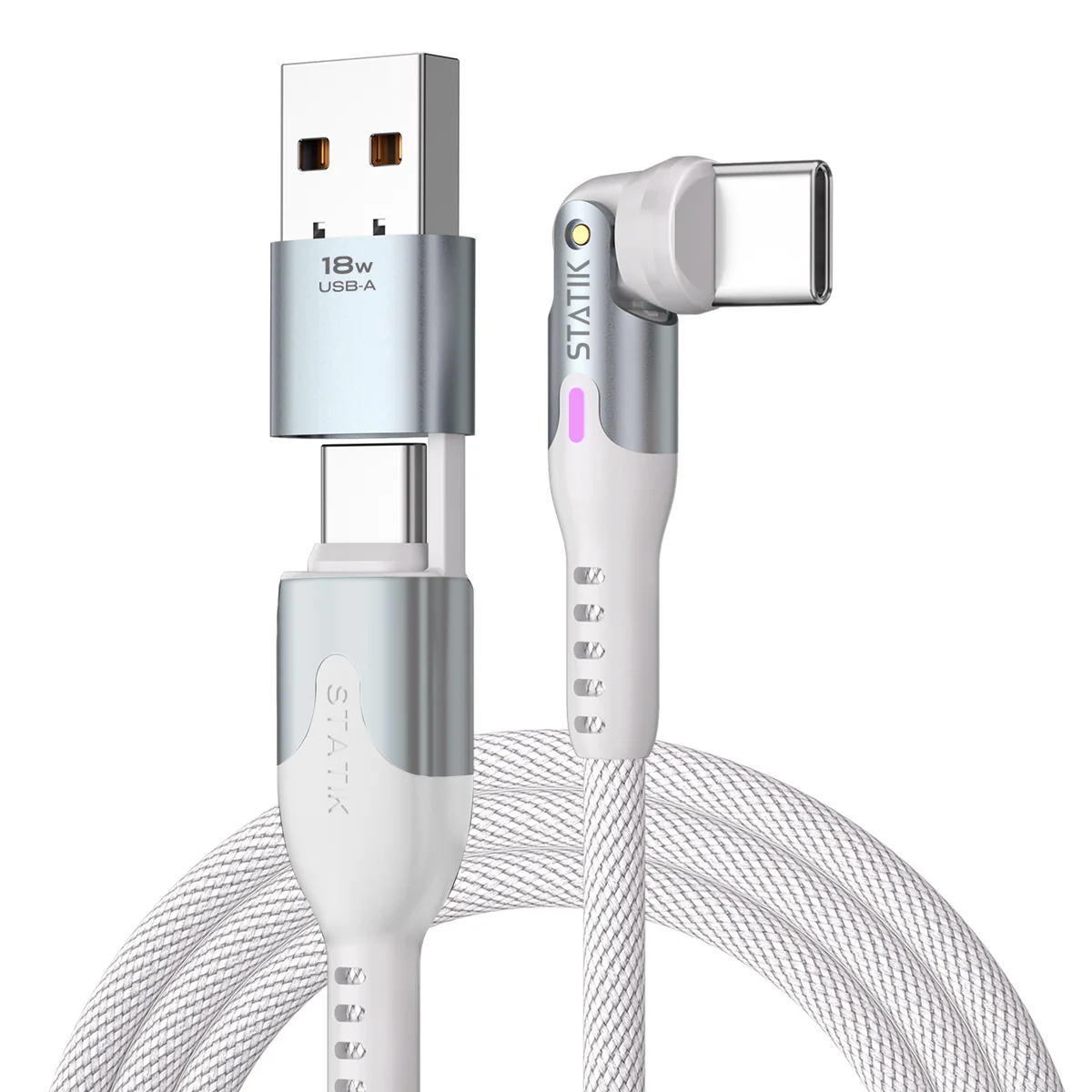 STATIK POWERPIVOT PRO USB C TO USB C WITH USB A ADAPTER BRAIDED NYLON CABLE 6.6FT 2M WHITE PUP-0455-6FT-CC-WHT