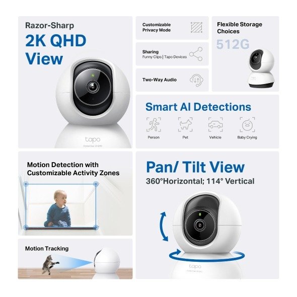 TP-Link Pan/Tilt AI Home Security WiFi Camera - Tapo 2K QHD TC72 thumbnail 2