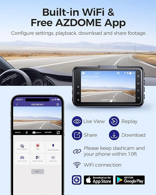 AZDOME FullHD Front & Rear Dash Camera Kit with WiFi - M17 Pro WR02 thumbnail 6