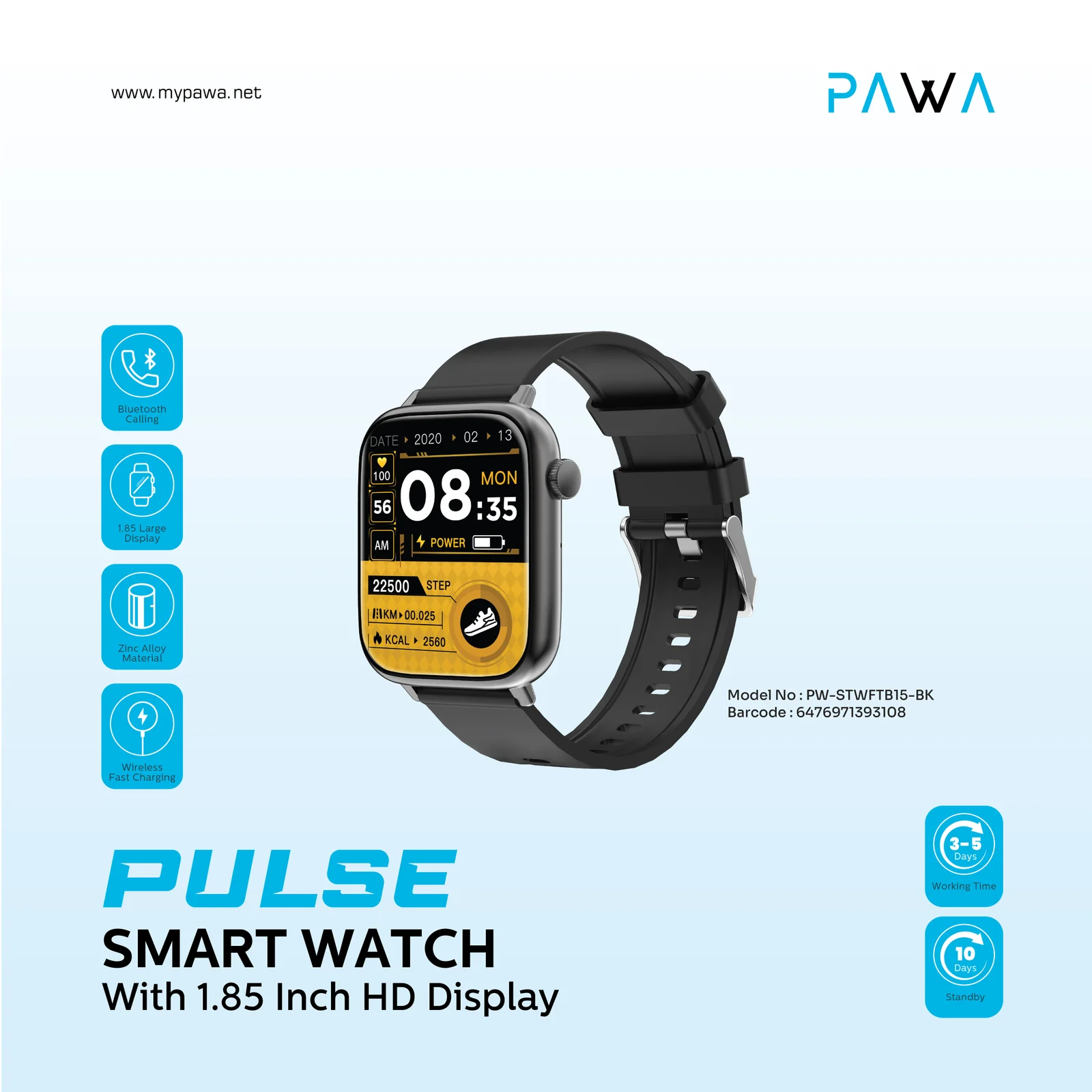 PAWA PLUSE SMART WATCH WITH 1.85 INCH HD DISPLAY BLACK PW-STWFTB15-BK thumbnail 2