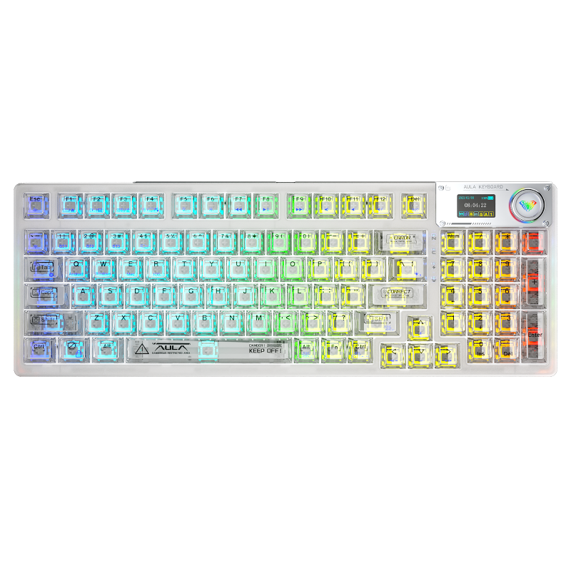 AULA 99 KEYS RGB 98% MECHANICAL GAMING KEYBOARD TRI-MODE HOT  KNOB CRYSTAL SWITCH F98 PRO  WHITE