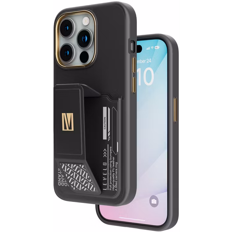 LEVELO MORPHIX IPHONE 15 PRO CARDHOLDER GRIP STAND CASE BLACK