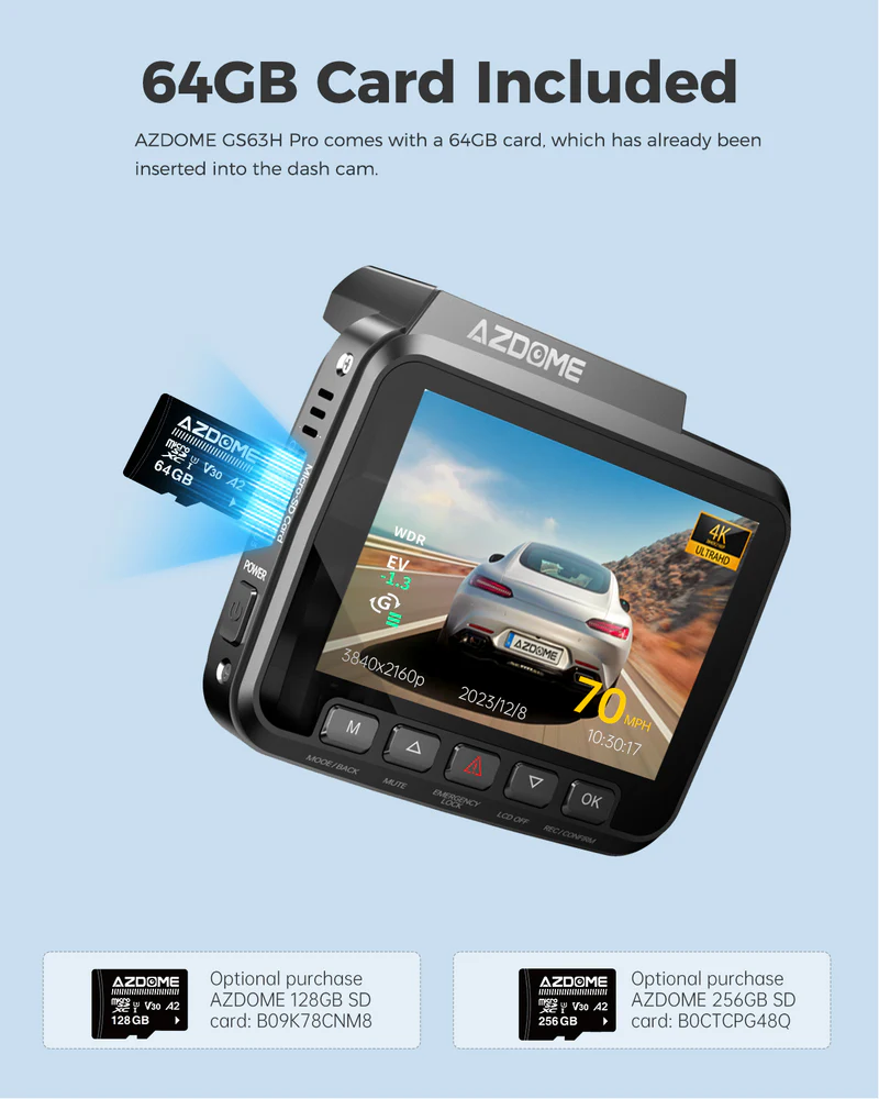AZDOME 4K Front and Rear Dash Camera Kit with Wi-Fi, GPS, 64GB Memory Card - GS63H Pro thumbnail 4