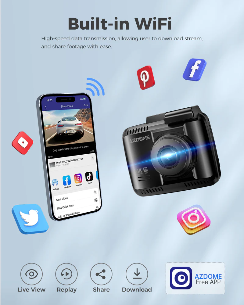 AZDOME 4K Front and Rear Dash Camera Kit with Wi-Fi, GPS, 64GB Memory Card - GS63H Pro thumbnail 6
