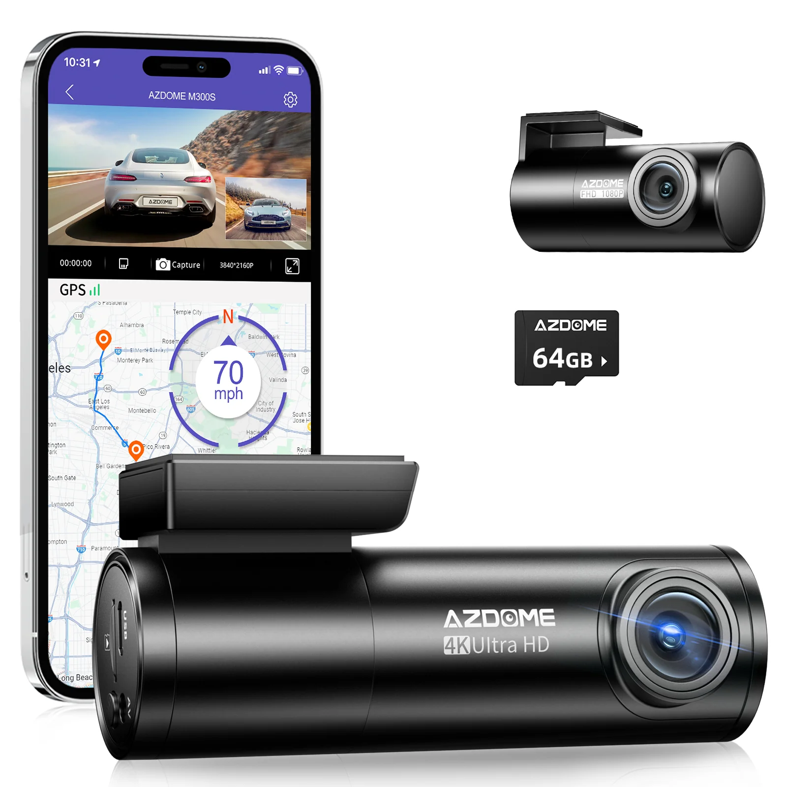 AZDOME 4K Front and Rear Dash Camera Kit with 64GB Memory Card - M300S
