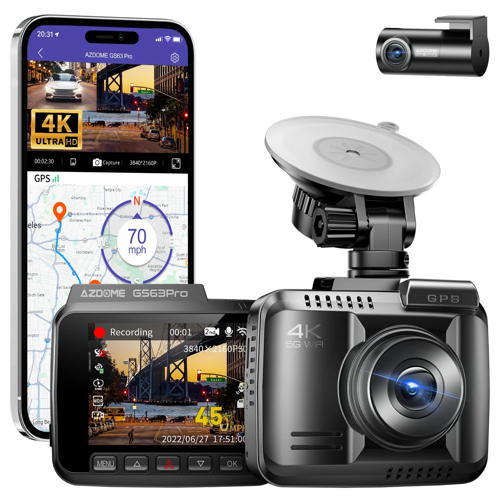 AZDOME Front and Rear Dash Camera Kit with 4K, Super Night Vision, 128GB eMMC - GS63 Pro