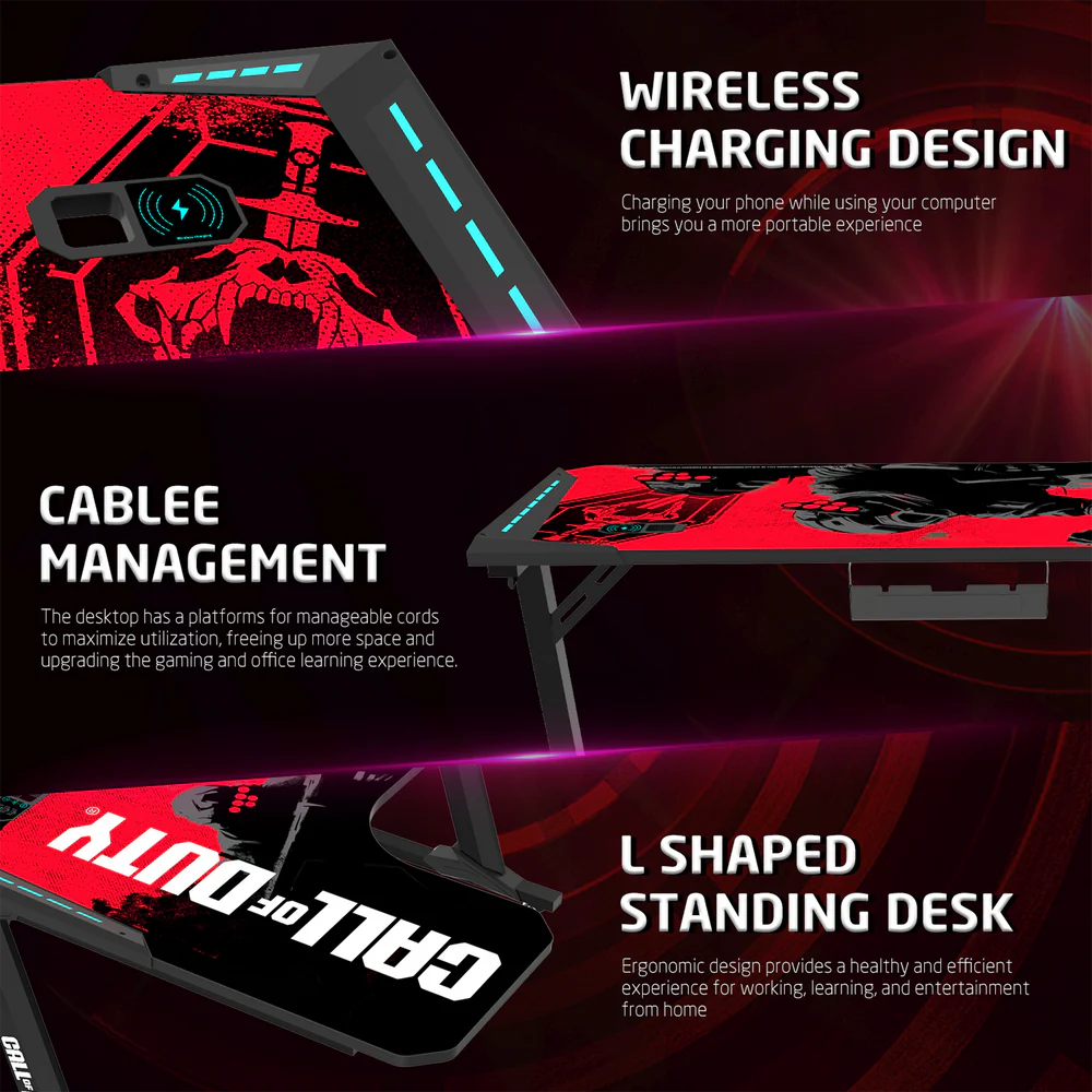 GameOn Phantom XL L-Shaped RGB Flowing Light Gaming Desk (Black/Red, COD-PHANTOMXL-L-01) - Stylish and Spacious Gaming Setup thumbnail 5