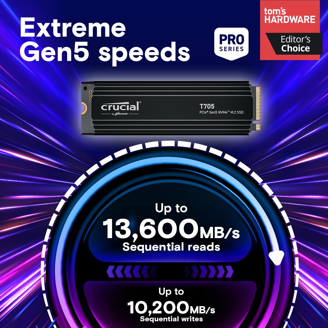 Crucial T705 1TB PCIe Gen5 NVMe M.2 SSD with Heatsink - Ultra-Fast Storage with Advanced Cooling thumbnail 2