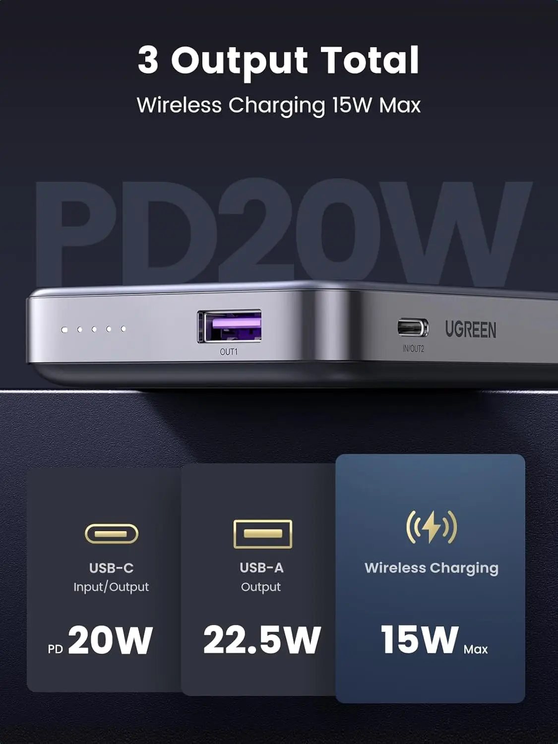 UGREEN UNO 5000MAH MAGNETIC WIRELESS POWERBANK GRAY PB571 35605B thumbnail 6