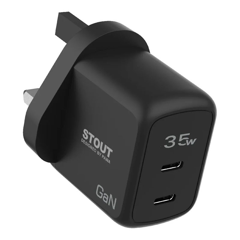 PAWA STOUT GAN TRAVEL CHARGER WITH DUAL PD PORT 35W UK STANDARD TYPE C TO TYPE C CABLE BLACK PW-GN35UKTT-BK