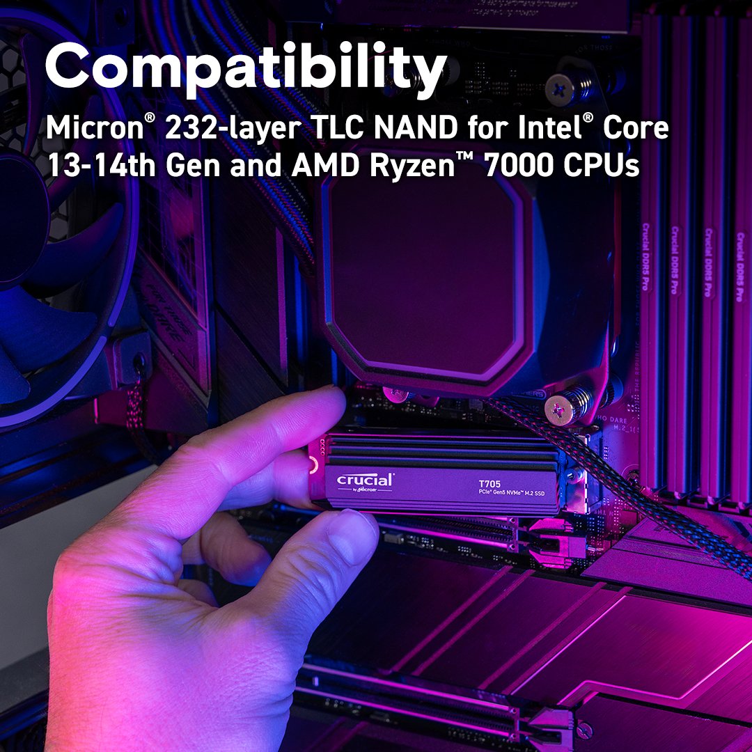 Crucial T705 1TB PCIe Gen5 NVMe M.2 SSD with Heatsink - Ultra-Fast Storage with Advanced Cooling thumbnail 5