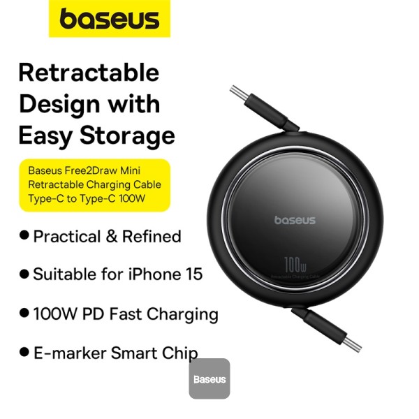 BASEUS FREE2 DRAW MINI RETRACTABLE TYPE C TO TYPE C PD 100W FAST CHARGING 1M BLACK CABLE CB000062 thumbnail 3