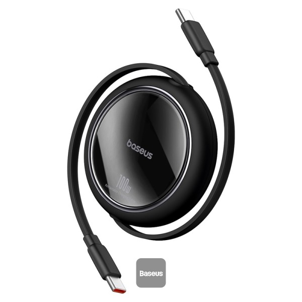 BASEUS FREE2 DRAW MINI RETRACTABLE TYPE C TO TYPE C PD 100W FAST CHARGING 1M BLACK CABLE CB000062
