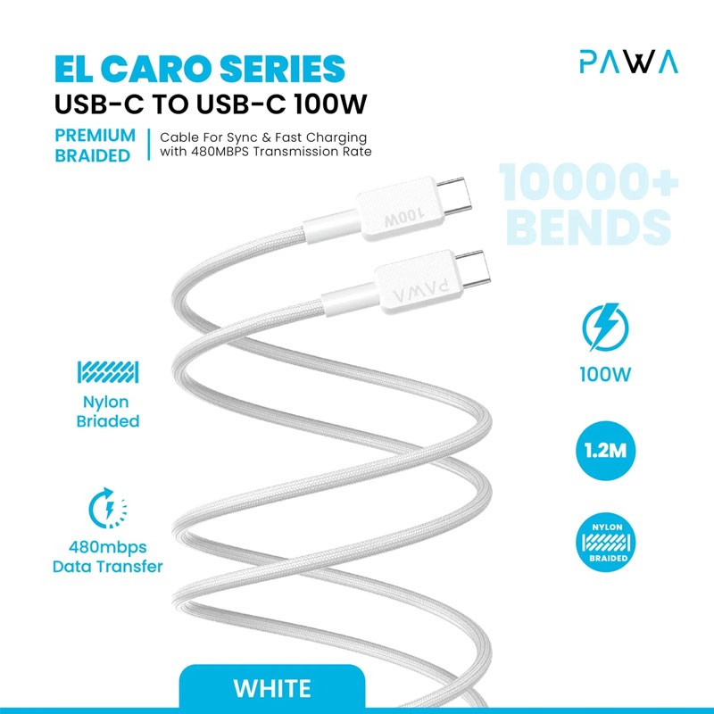 PAWA EL CARO SERIES USB C TO USB C 100W PREMIUM BRAIDED 1.2M CABLE WHITE PW-12B100CC-WH thumbnail 2
