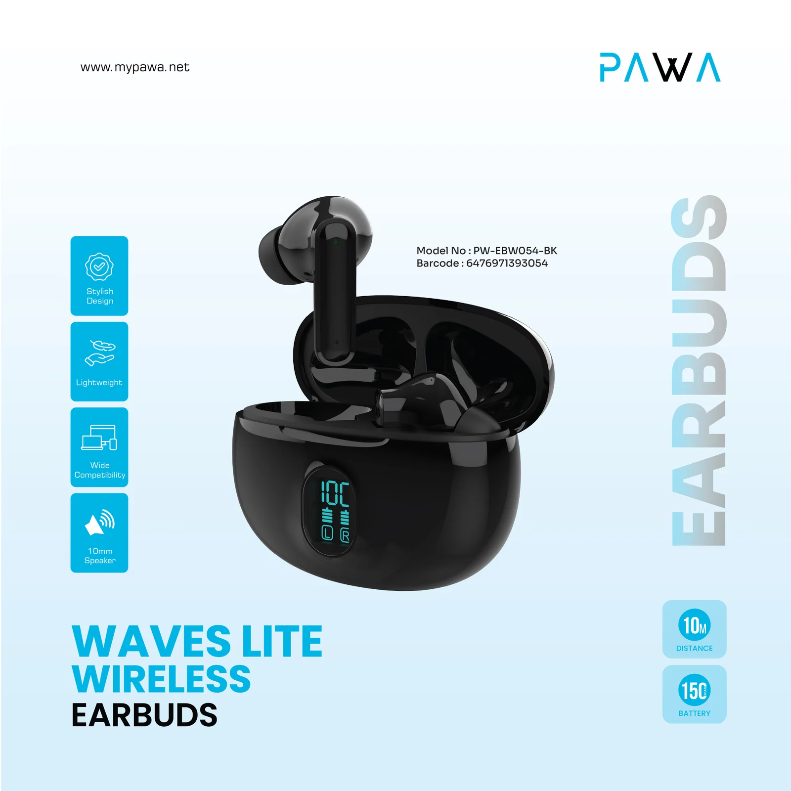 PAWA WAVES LITE WIRELESS EARBUDS BLACK PW-EBW054-BK thumbnail 2