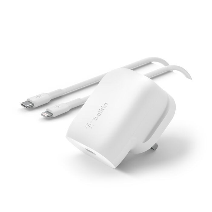 BELKIN BOOST CHARGE WALL CHARGER WITH PPS USB C CABLE WITH LIGHTNING CONNECTOR WHITE WCA005MY1MWH