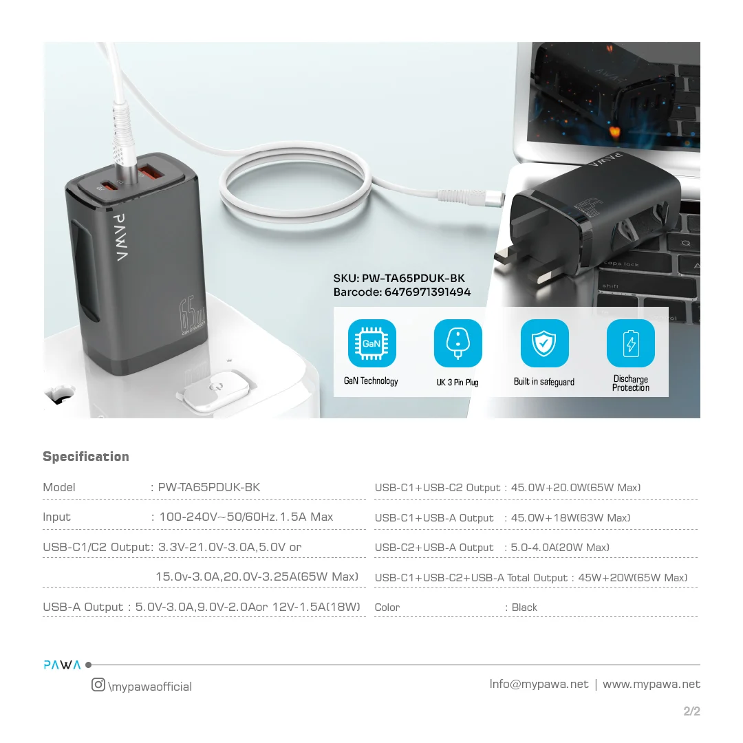 PAWA SOLID TRAVEL DUAL PD AND QC PORT CHARGER GAN 65W UK BLACK PW-TA65PDUK-BK thumbnail 4