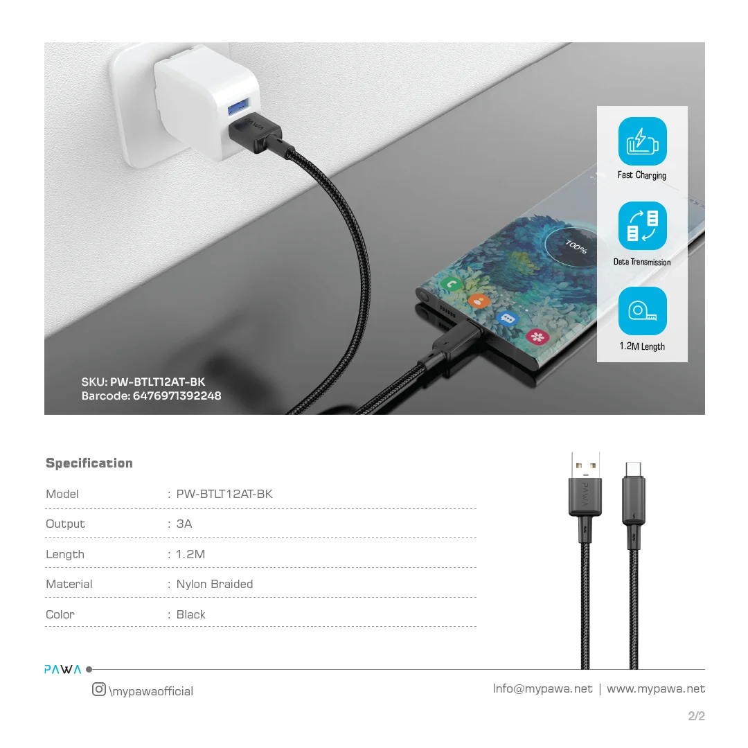 PAWA 3A USB A TO TYPE C QUICK CHARGING BRAIDED CABLE 1.2M PW122 BLACK PW-BTLT12AT-BK thumbnail 4