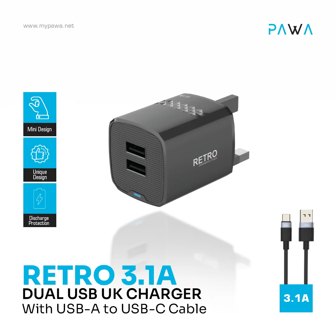 PAWA RETRO 3.1A DUAL USB UK CHARGER WITH USB A  TO USB-C CABLE BLACK PW-TCR31UKT-BK thumbnail 3