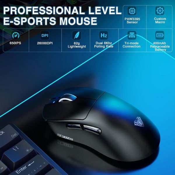 AULA ERGONOMIC TRI MODE WIRELESS GAMING MOUSE 26000 DPI WITH PAW3395 SENSOR SC900 PRO BLACK thumbnail 2