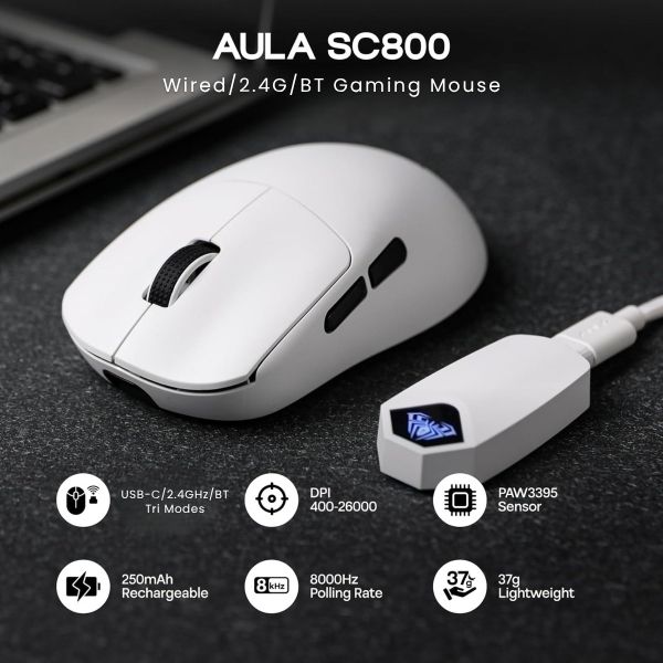 AULA ERGONOMIC TRI MODE WIRELESS GAMING MOUSE 26000 DPI WITH PAW3395 SENSOR SC900 PRO WHITE thumbnail 2