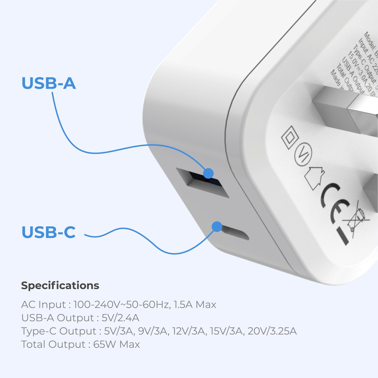 BLUPEBBLE 2 PORT PD GAN FAST CHARGER 65W WHITE BP-PD65GANUK-WH thumbnail 4