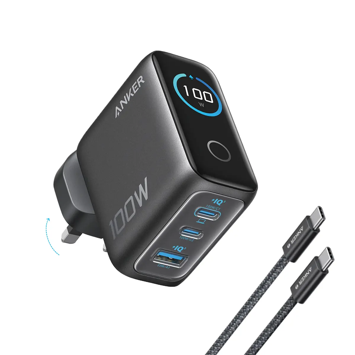 ANKER 100W PD FAST CHARGING 3 PORT GAN USB C CHARGER SILVER B121BK41