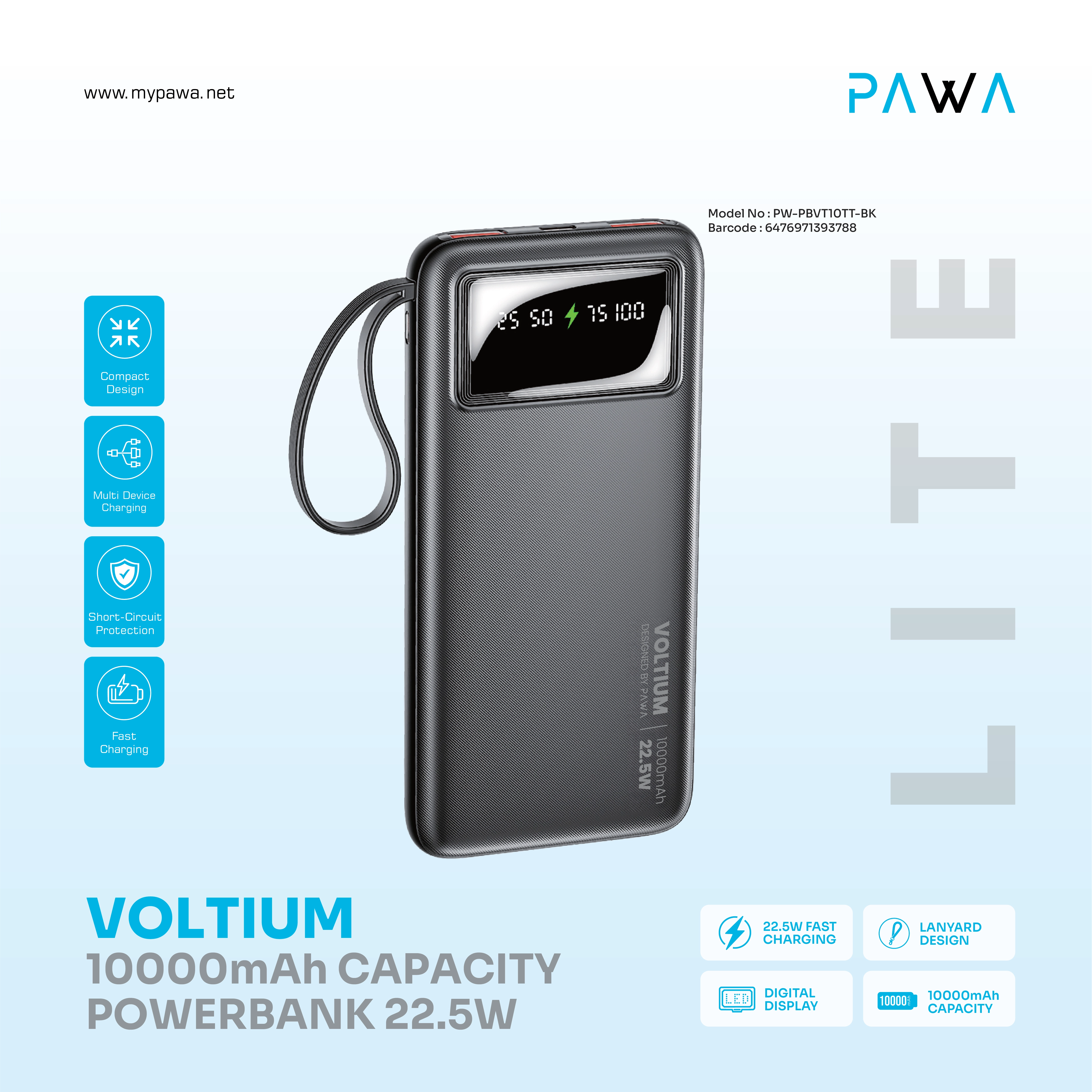 PAWA LITE VOLTIUM 10000MAH CAPACITY POWER BANK 22.5W BLACK PW-PBVT10TT-BK thumbnail 2