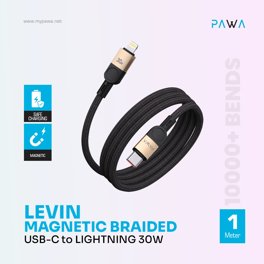 PAWA LEVIN MAGNETIC BRAIDED USB C TO LIGHTNING 30W CABLE 1M DESERT BLACK PW-12BDM252-DTBK thumbnail 3