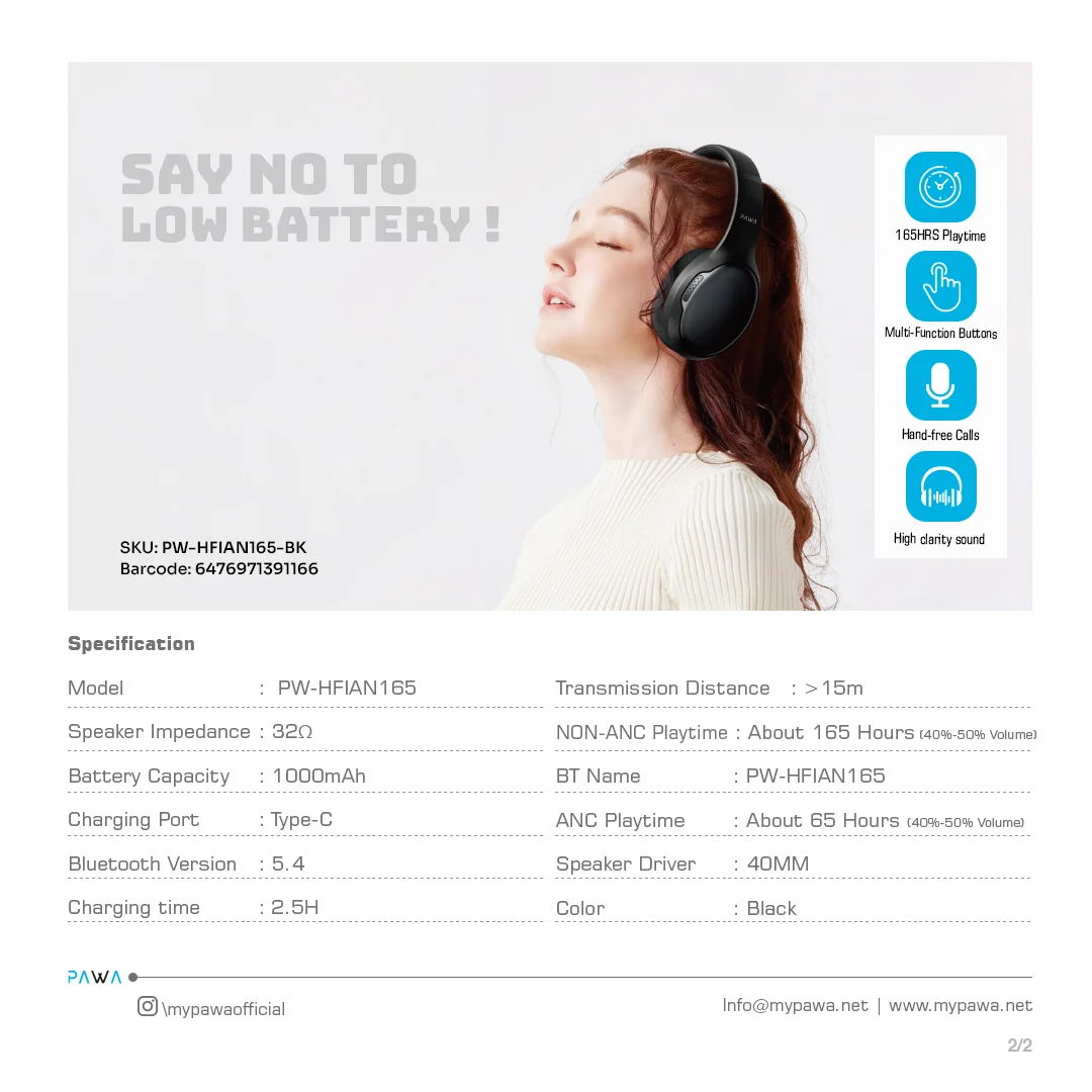 PAWA INFINITE ANC WIRELESS NOISE CANCELLING HEADPHONE BLACK PW-HFIAN165-BK thumbnail 4