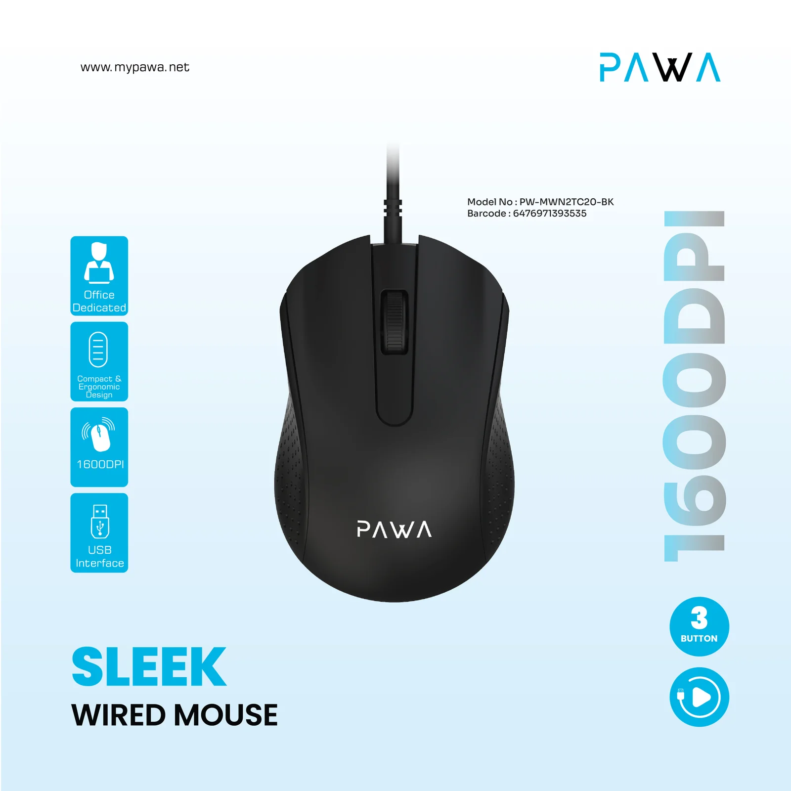 PAWA SLEEK WIRED MOUSE 1200DPI BLACK PW-MWN2TC20-BK thumbnail 4