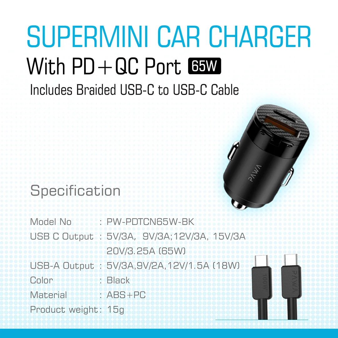 PAWA SUPERMINI CAR CHARGER WITH PD+QC PORT 65W BRAIDED USB C TO USB C CABLE BLACK PW-PDTCN65T-BK thumbnail 2