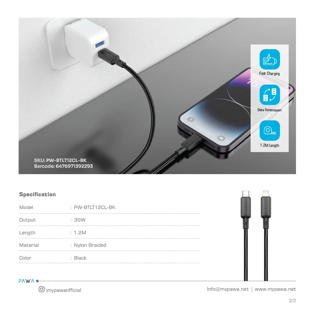 PAWA 30W USB C TO LIGHTNING QUICK CHARGING BRAIDED CABLE 1.2M PW122 BLACK PW-BTLT12CL-BK thumbnail 4