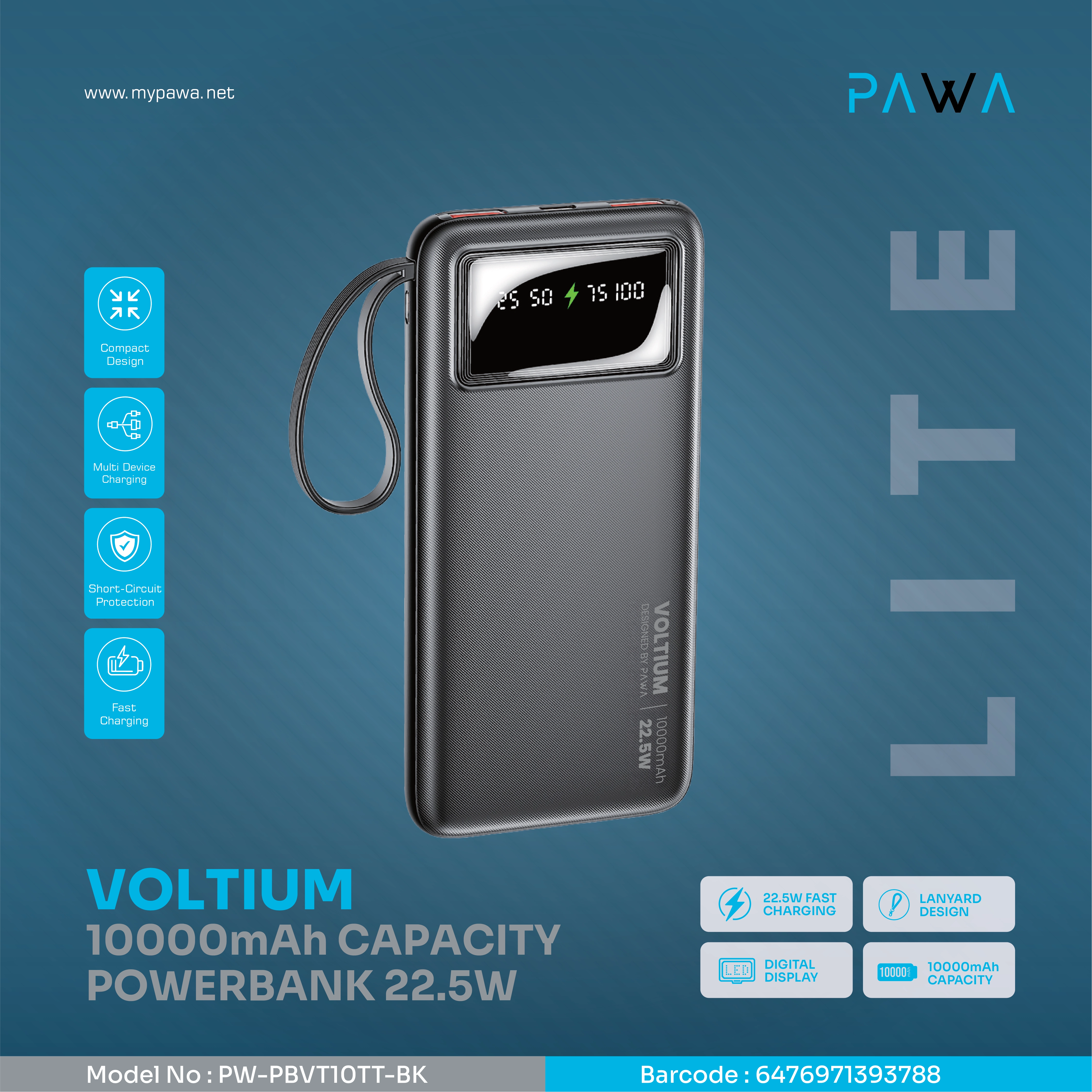 PAWA LITE VOLTIUM 10000MAH CAPACITY POWER BANK 22.5W BLACK PW-PBVT10TT-BK thumbnail 5