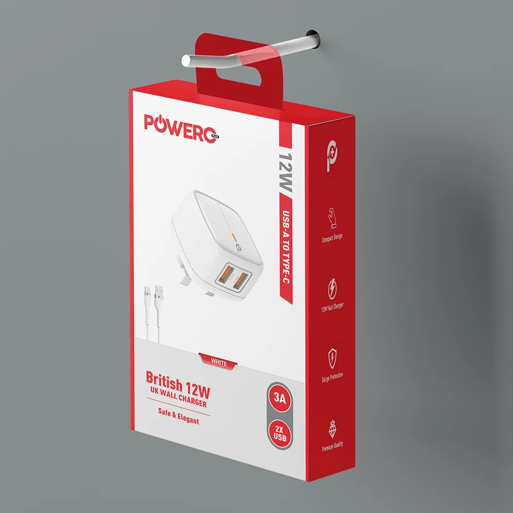 POWERO PLUS 12W BRITISH UK WALL CHARGER WITH USB A TO USB C CABLE WHITE PR-TC24UKAT-WH thumbnail 2